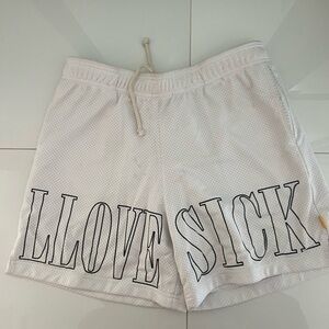 White Mesh Shorts with Graphic Text
